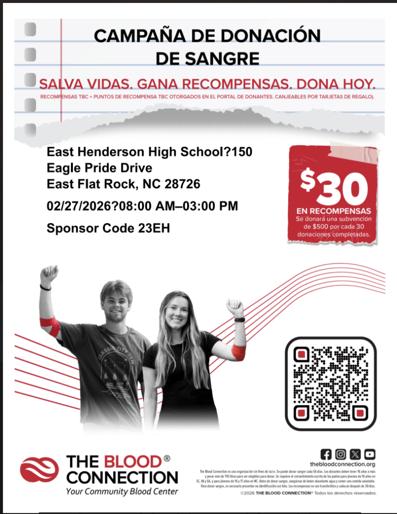 Blood Drive flyer (Spa) with QR code and two teens with arms up
